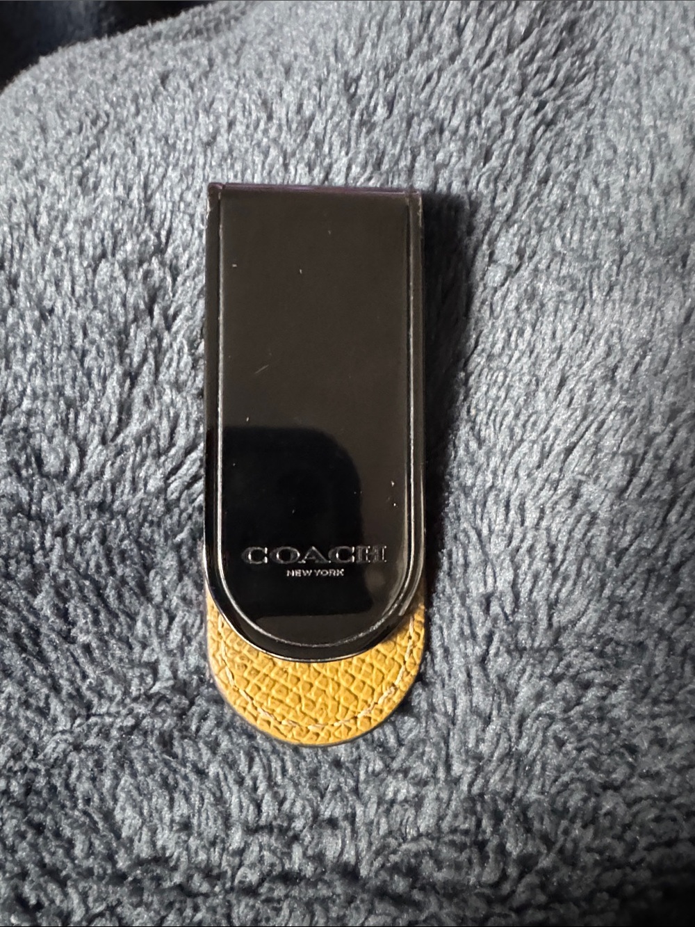 Coach Black Metal Money Clip with Tan Leather Accent